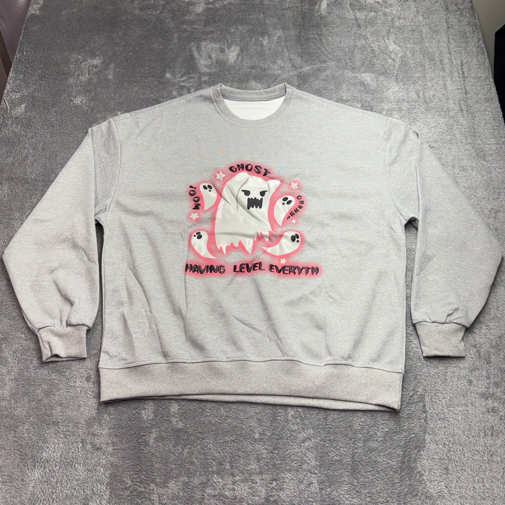 Level Ghost Graphic Sweatshirt Women 2XL Gray Excellent Halloween‎ Crewneck